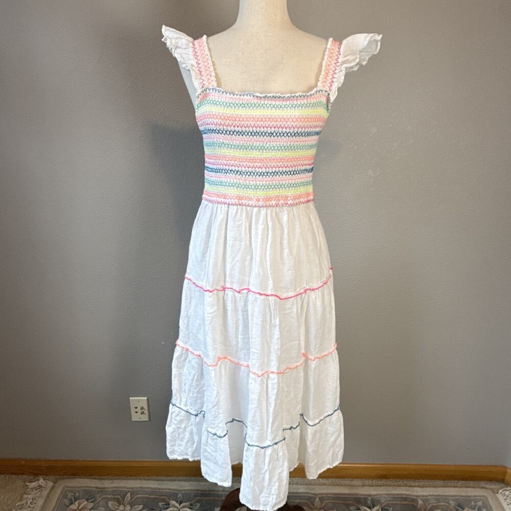 Vineyard Vines Flutter Sleeve Smocked Tiered White Linen Midi Dress Size S - Picture 2 of 9